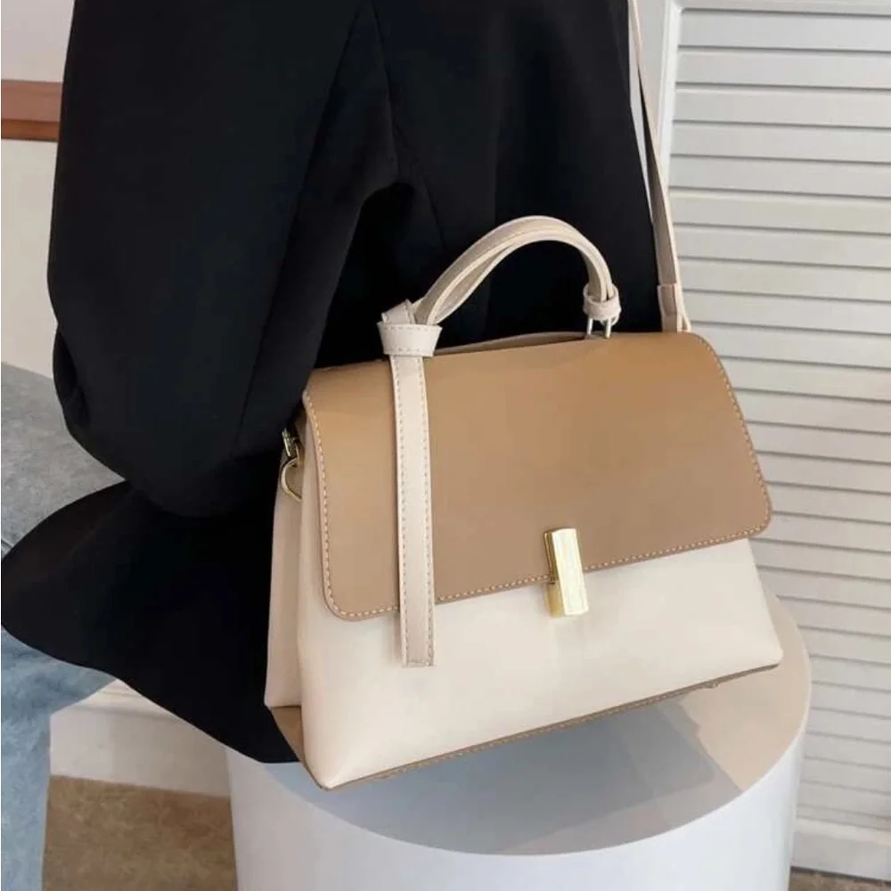 Cream Beige Two Tone Bag with Strap and Gold Clasp - Picture 7 of 7